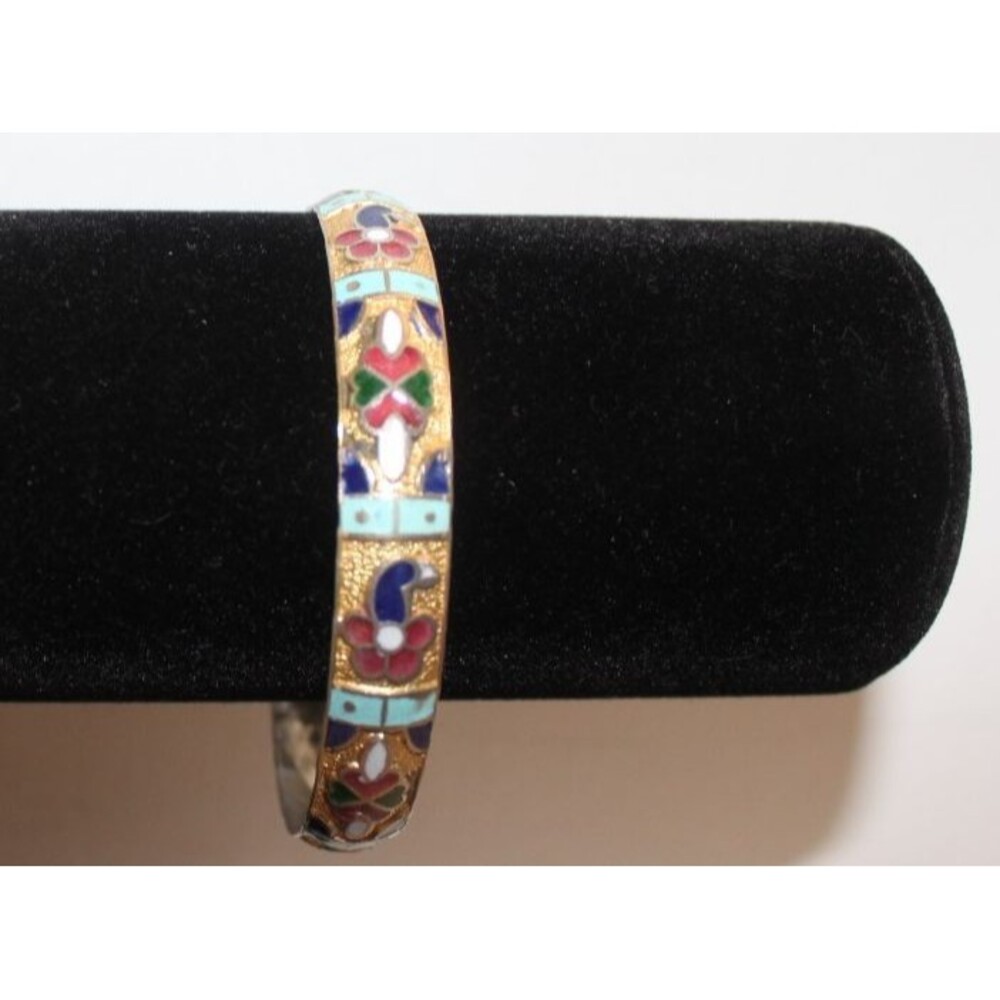 Vintage Floral Cloisonne Style Bangle Bracelet Enamel Gold Tone Costume Jewelry